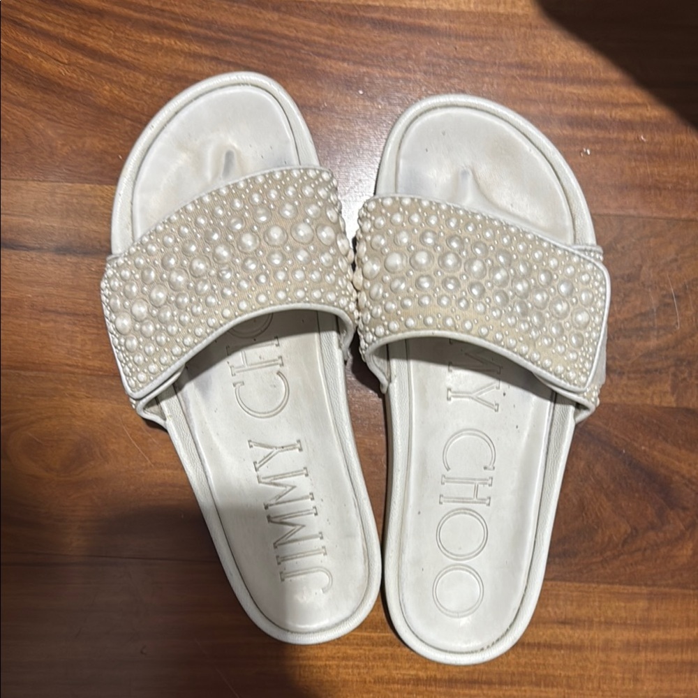Jimmy Choo White Pearl Embellished Sandals